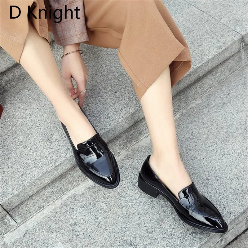 Large Size 32-43 Lady Casual Flat Loafers Shoes Fashion Patent Leather Pointed Toe Women's Flats British Black Red Women Oxfords (4)
