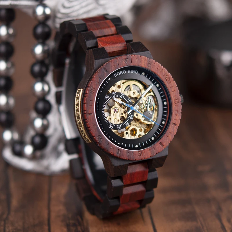 BOBO BIRD Wooden Mechanical Watch Men Luxury Retro Design Case With Gold Label Beside Automatic and Multi-Functional Wristwatch