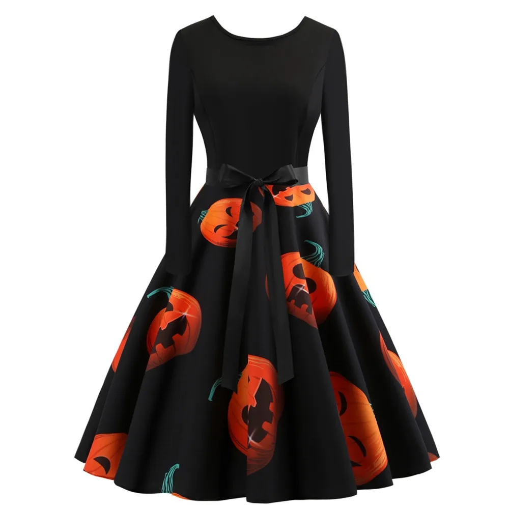 

Women Ladies Sleeveless Vintage Pumpkins Halloween Evening Prom Costume Swing Dress Halloween Party costume
