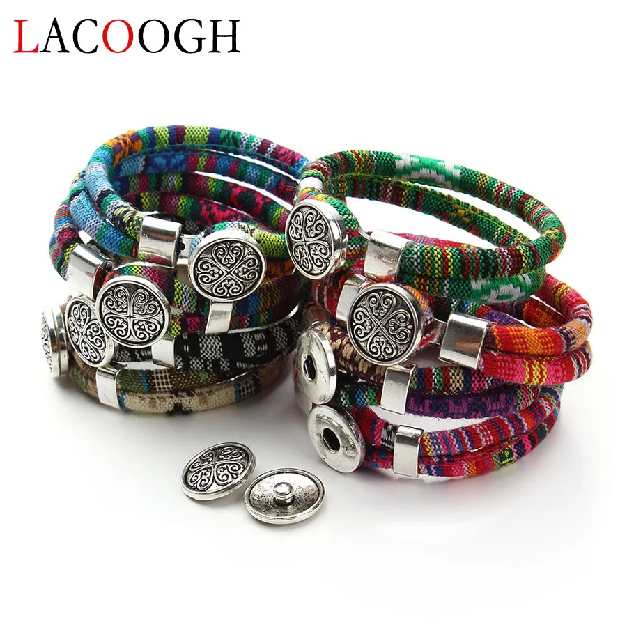 

Lacoogh New Handmade Multicolor Knitted Core Cords Ethnic Bohemia Bangles Female Clovers Snap Button Charms Bracelets for Women