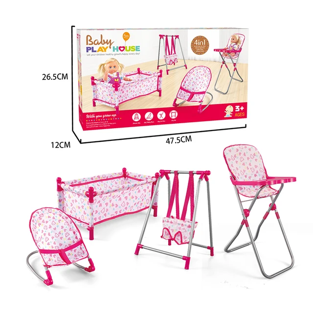 US $12.60 Doll House Accessories Dollhouse Rocking Chairs Swing Bed Dining Chair Set 4 In 1 Baby Play House P