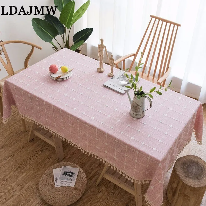 

LDAJMW Simple Modern Embroidered Cotton Plaid Tablecloth INS Tea Research Coffee Table Table Pink Tablecloth Zen Road Tea Art