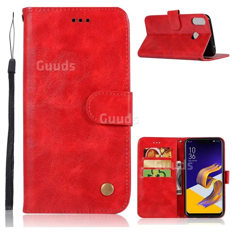 Luxury Retro Leather Wallet Case for Asus ZenFone 5Z ZS620KL - Red