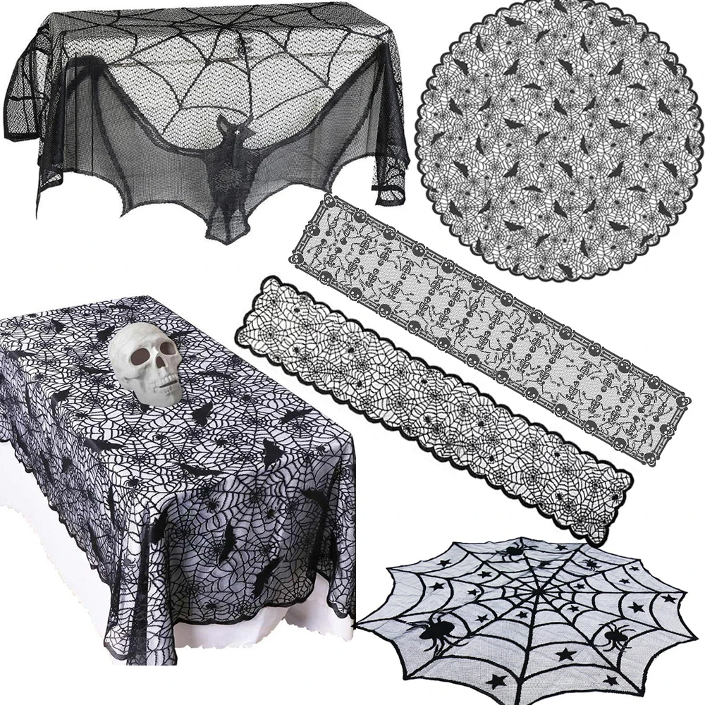 

1pcs Halloween Decoration Lace Knitted Spider Web Tablecloth Table Runner Table Flag Fireplace Mantle Home Kitchen Party Supply