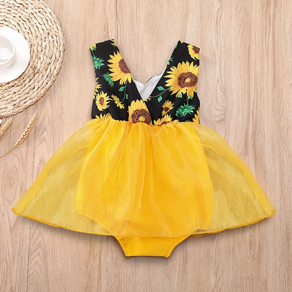 

Fashion Infant Clothing Baby Print sunflower Tulle Casual Princess Party Romper Bodysuits Princess Mini Pleated Skirt girl dress