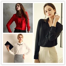 100 шт./лот Для женщин рубашка сплошной Цвет с длинным рукавом большой Размеры шифоновая рубашка удобный тонкий Топ Офис 5 цветов