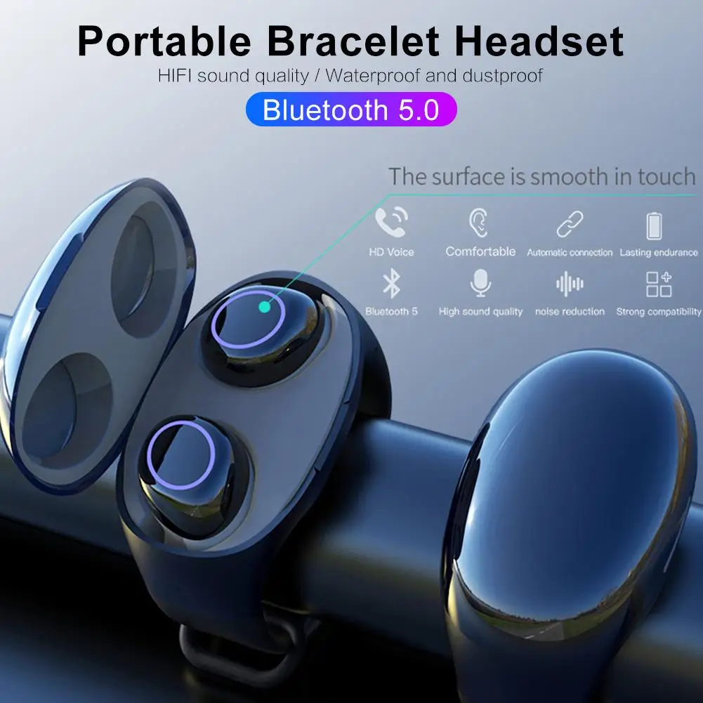 

TWS Bluetooth 5.0 Earphones Portable Smart Band Headset Wireless Earphone Fitness Tracker Bracelet Storage Charger Earphones