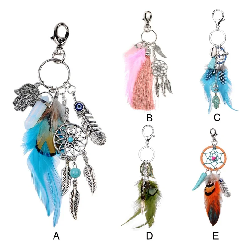 

Dream Catcher Simple Fashion With Green Beads Key Ring Buckle Pendant Silver Tone Feathers Tassels Keychain For Gift