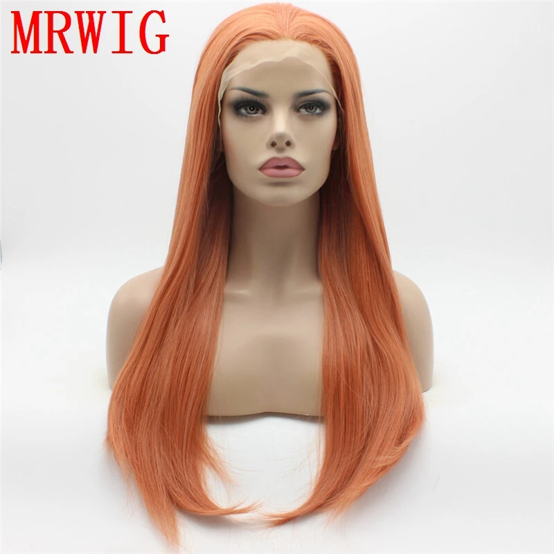 

MRWIG real hair color 18in synthetic front lace wig synthetic pink-orange hair cosplay glueless lace wig