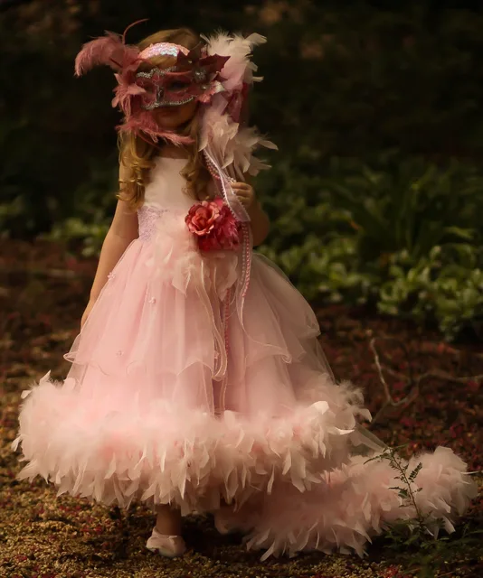 Best price at $161 Cheap Long Little Girls Party Dresses Square Neckline Satin Feather Tulle Pink Little Flower Girls Dresses ( Without Flower Belt)