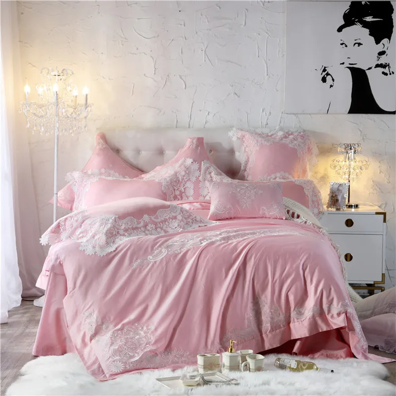 

Pink Princess style Luxury white Lace Embroidery Bedding set Wedding Duvet Cover Bed Linen Bed sheet Pillowcases Queen King size