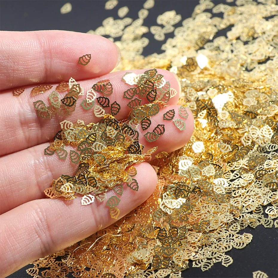 120pcs Gold Metallic Slice Nail Art Alloy Sea Shell Flakes Shining Nail Sequins Decorations 3D Metal Paillette Charms BE970-A