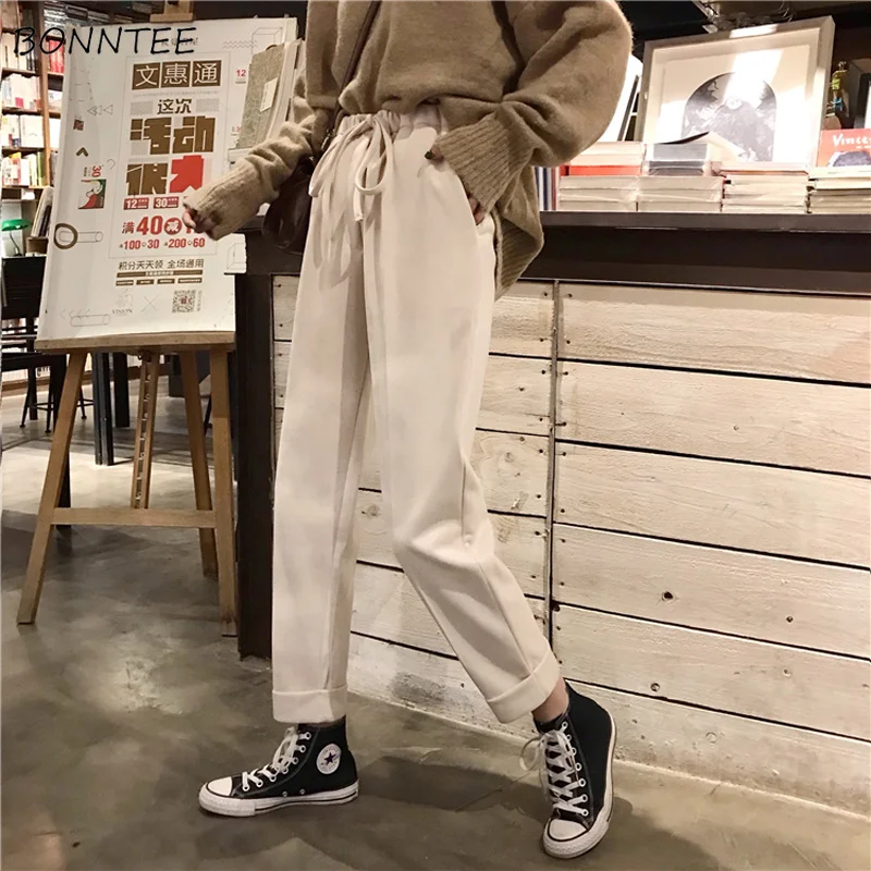 

Pants Women Thicker Warm Loose Korean New All-match Womens Leisure Straight High Quality Elastic Waist Ladies Elegant Drawstring