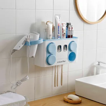

Bathroom Set Accessories Toothbrush Holder Automatic Toothpaste Dispenser Suction Cup Wall Mount Bathroom Storage Box