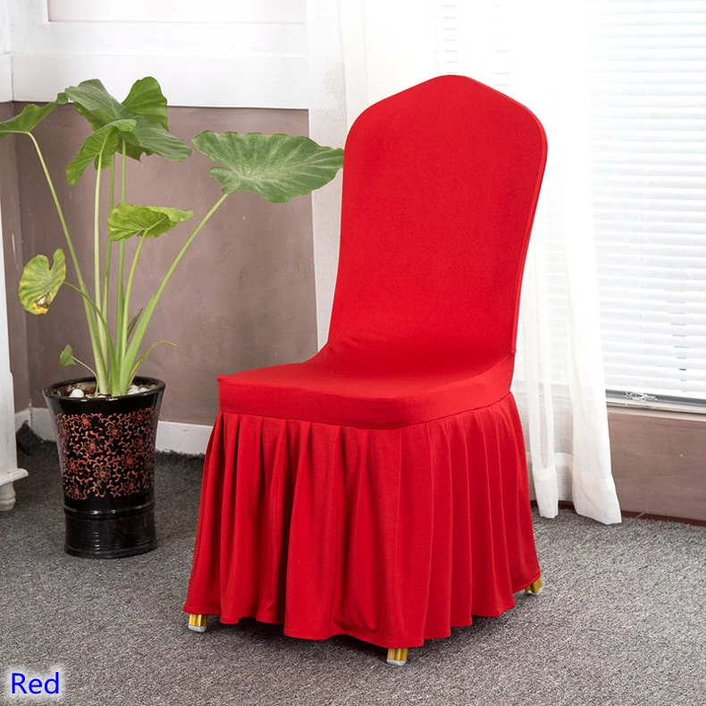 

Red colour lycra chair cover with skirt all around the chair bottom spandex skirt chair cover for wedding party decoration