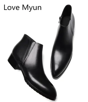 

Autumn winter mens genuine leather ankle boots pointed toe warm work boots shoes men high quality business office work boots 44