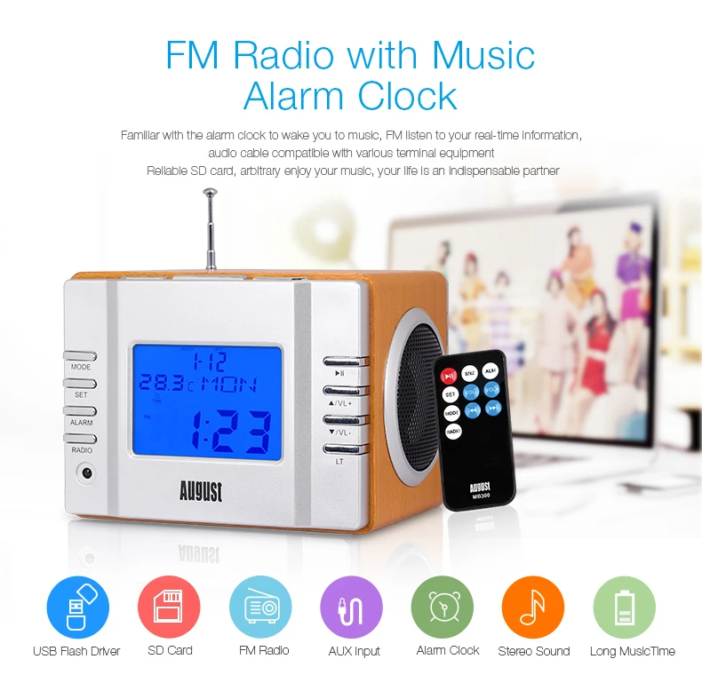 August MB300 Wood FM Radio with MP3 Music System