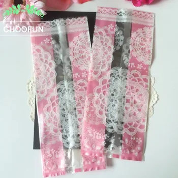 

100pcs/lot 10*23cm Printed Transparent Frosted Pink Lace DIY Flat Plastic Gift Bag Candy and Cookie Baking Packaging Bags B022