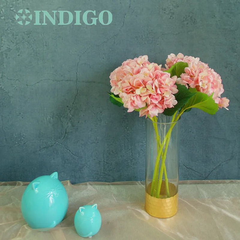 

INDIGO- 5pcs Pink Hydrangea With Leaves Flower Hydrange Beautiful Wedding Flower Floral Event Party Table Flower Free Shipping
