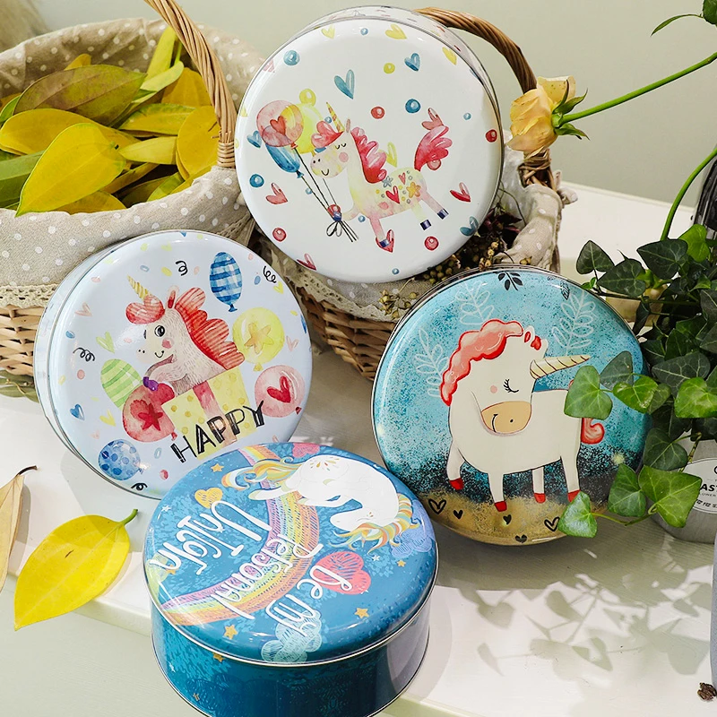 

New Arrival! Round Large Size Creative Ins Cartoon Unicore Cookie Can Tin Storage Case Biscuits Container Metal Storage
