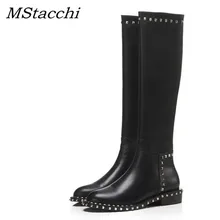 Mcacchi/ботинки в стиле панк с закругленным носком и заклепками; женские сапоги до колена; сезон осень-зима; Теплая обувь из натуральной кожи на высоком каблуке; женская обувь; botas mujer