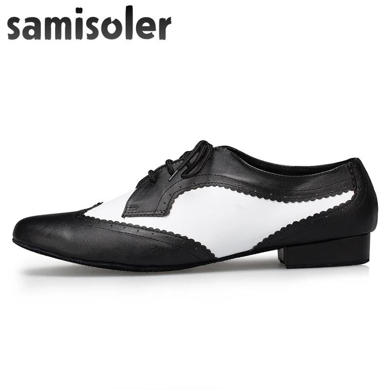 Samisoler/черно белые мужские черные кожаные Бальные танцевальные туфли на плоской