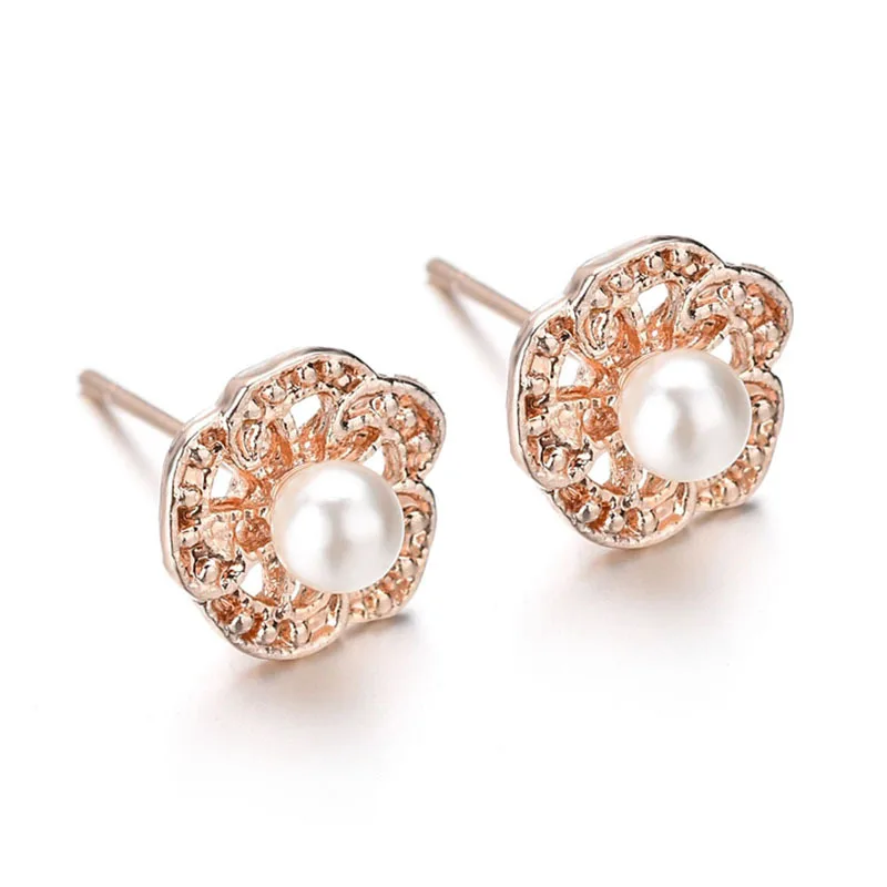 

2019 New Fashion Rose Gold Crystal Stud Earrings for Women Brincos Perle Pendientes Bou Imitation Pearls Earrings flower Jewelry