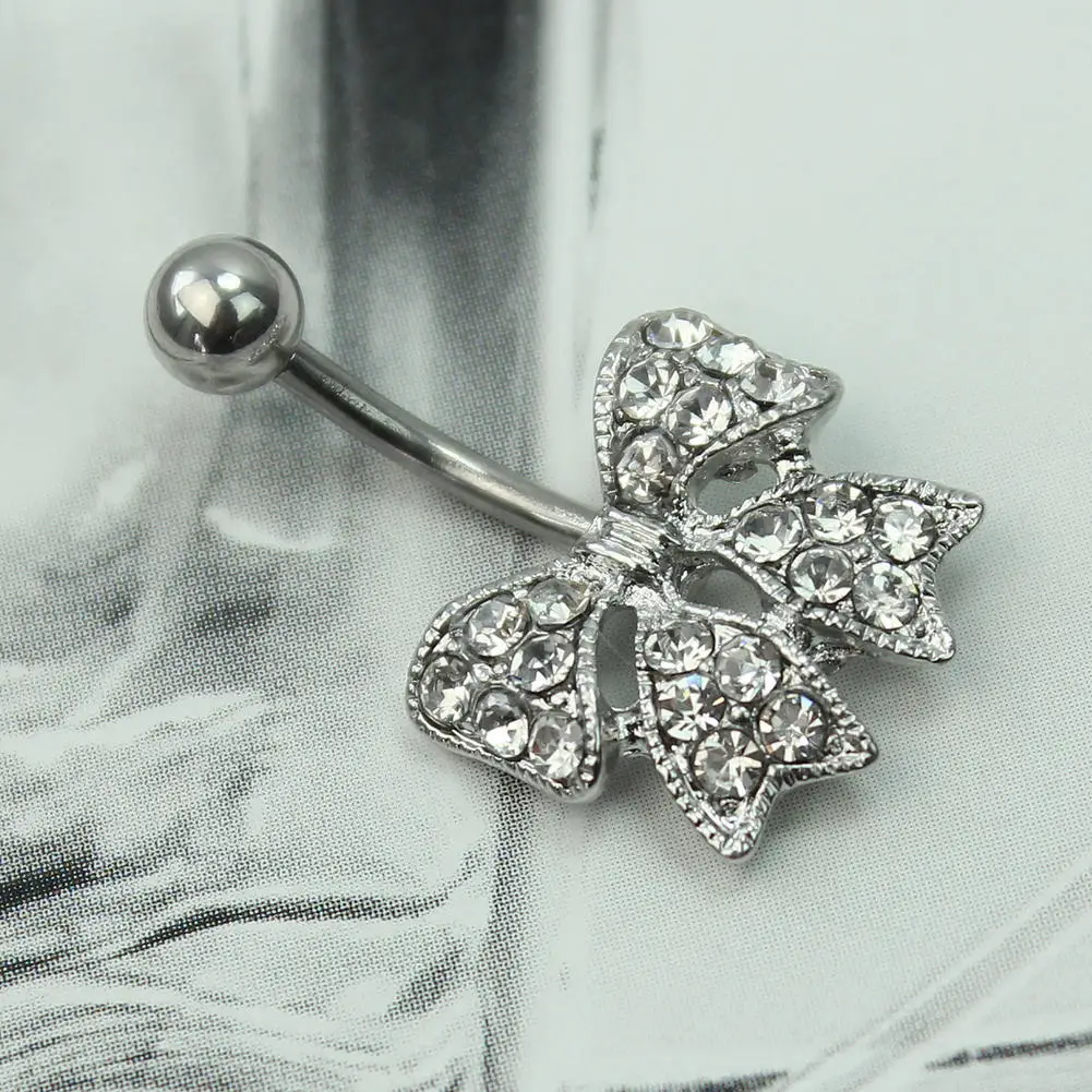Unique Delicate Steel Rhinestone Bowknot Belly Barbell Navel Ring Body