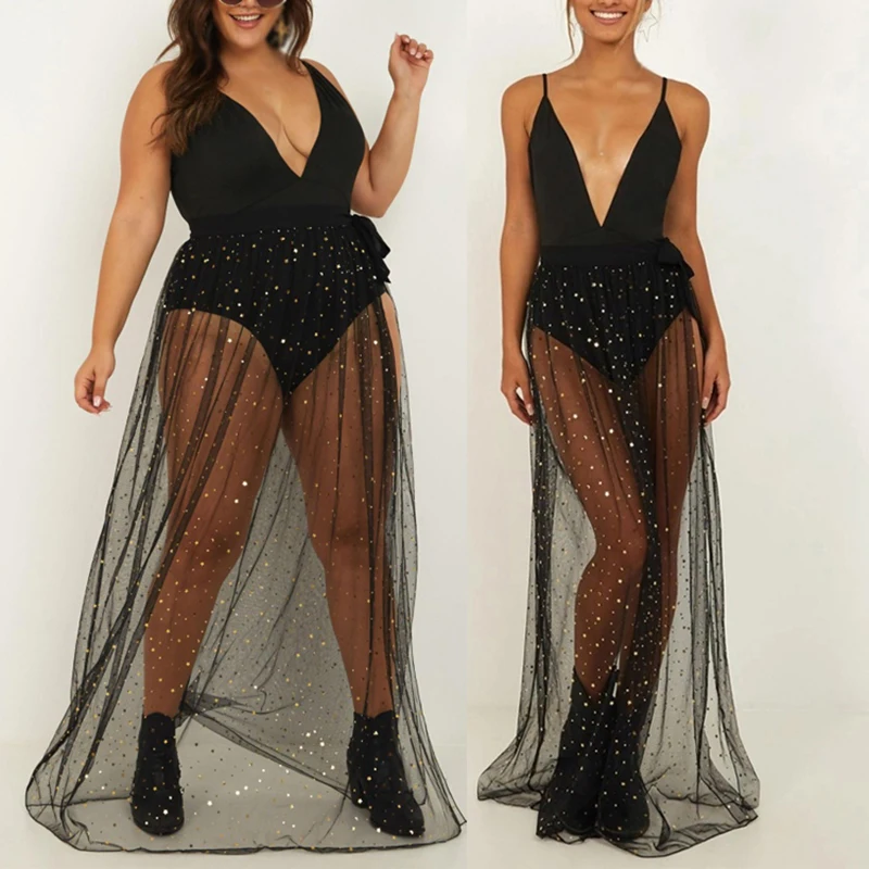 

Fashion Skirts Women Glitter Sequined Skirt Sheer Pleated Long Maxi Skirts Split Mesh Tulle Clubwear