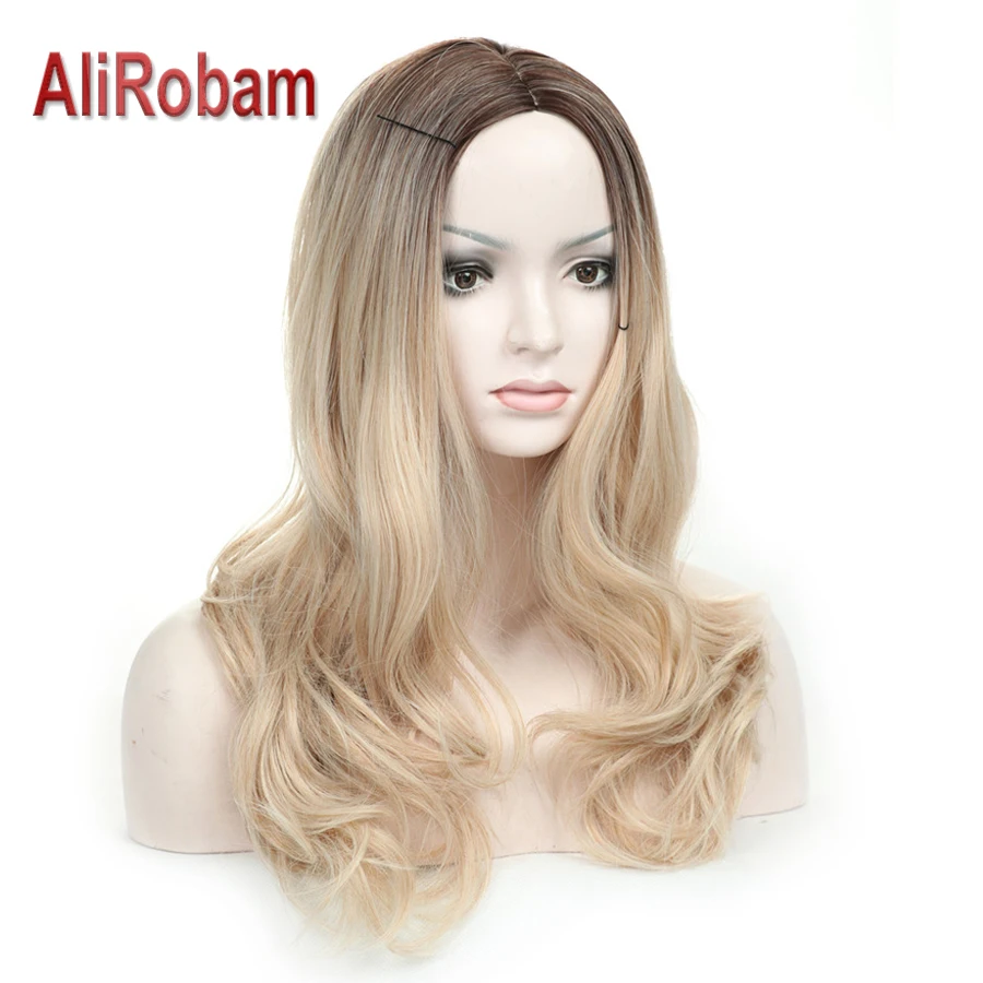 

AliRobam Ombre Brown Ash Blonde Synthetic Wigs 24inch Long Kanekalon Fiber Long Wavy Hair Wig For Woman Daywear Party Cosplay