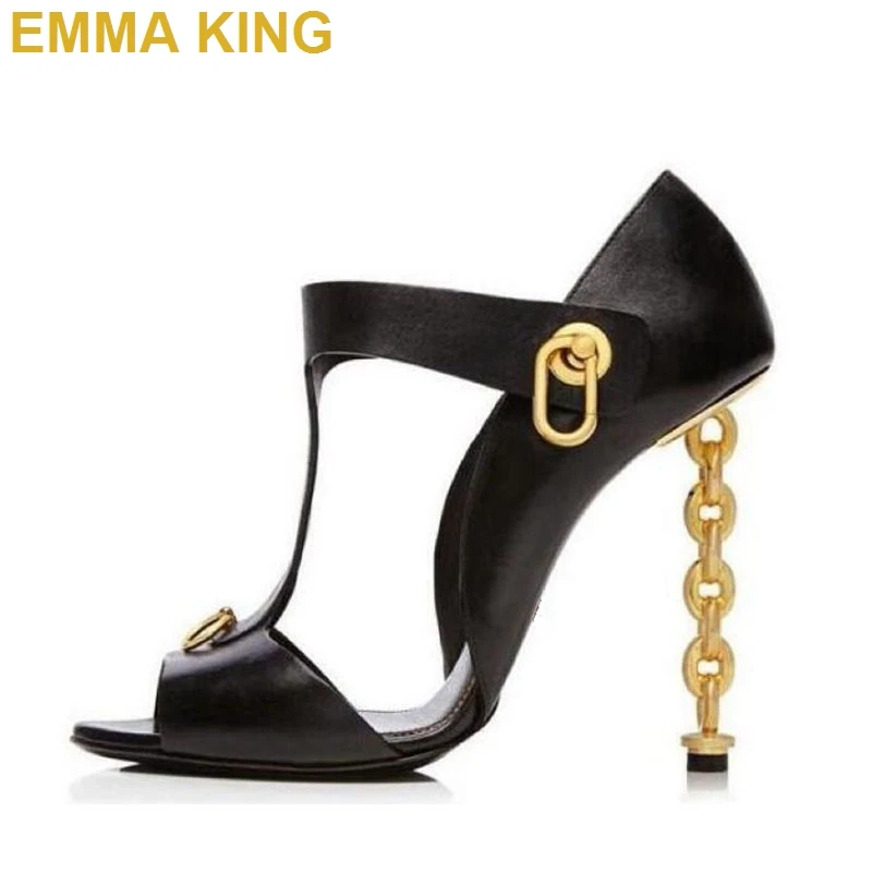 EMMA KING Fashion Runway Shoes Metal Chain High Heels Women Sandals Summer Shoes Peep Toe Ladies Prom Shoes Plus Size 35-43