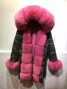 

Peach all real fur jacket removable collar, cuff, hooded fox fur parka winter women camouflage coats