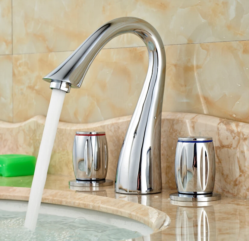 

Chrome Swan Bathroom Basin Sink Faucet Double Handles Widespread Mixer Tap