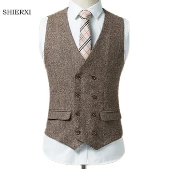 

Men Vests New Style Woollen cloth Double Breasted Sleeveless Jacket Waistcoat Men slim fit Suit Vest size S-6XL