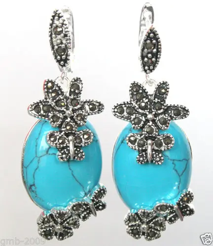 

unique lady's Jewelry 925 Sterling Silver Blue stone Flower Marcasite Natural stone bread Earing big earrings