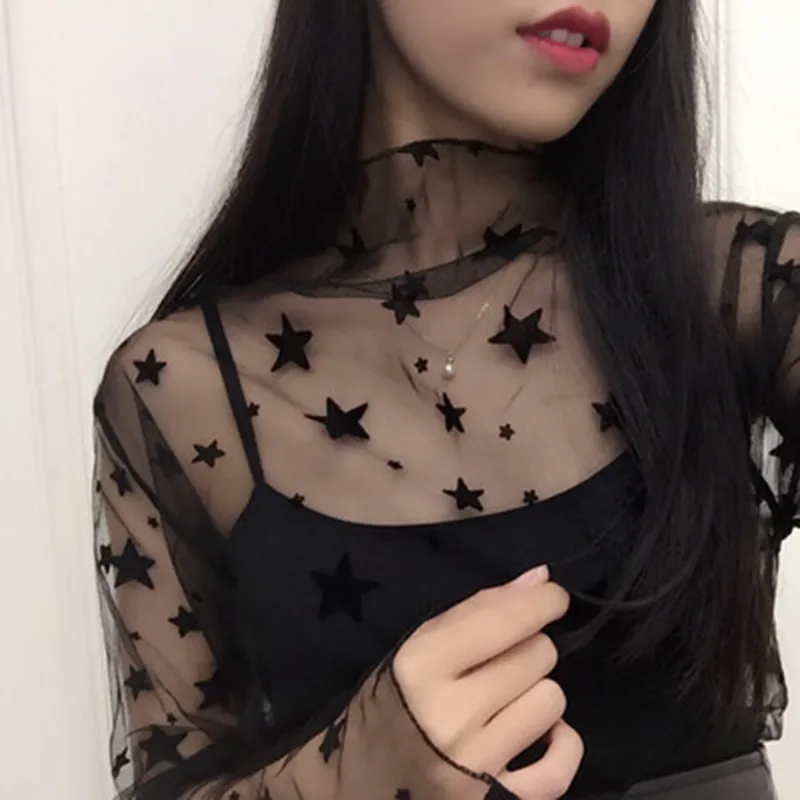 

2017 Summer Women Sexy Through Blouse Transparent Mesh Stand Neck Long Sleeve Sheer Shirts Ladies Tee Tops