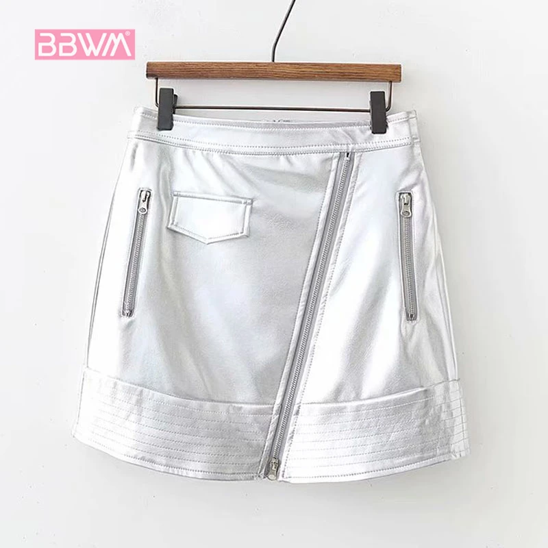 

Winter office 2018 new women's high waist slim patent leather skirt silver shiny PU female leather skirt