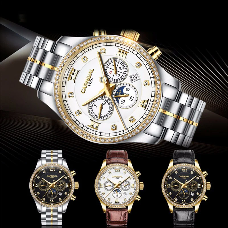 

Luxury Carnival Moon Phase Mechanial Men Watch Diamond Dual Calendar Multi-Function Stainless Steel Waterproof Gold Clock