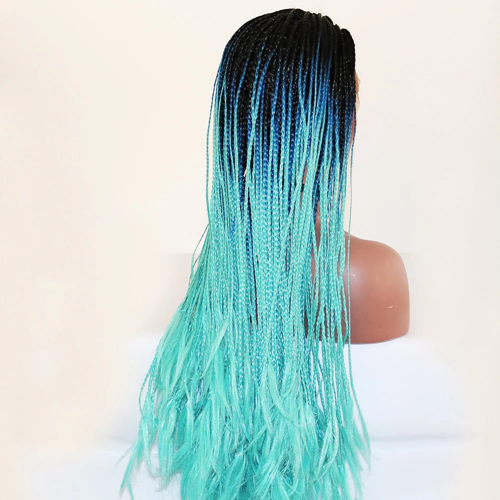 Фантастический красивый черный темное Омбре синий парик фронта шнурка Омбре плетеные косички синтетические парики с темными корнями для женщин