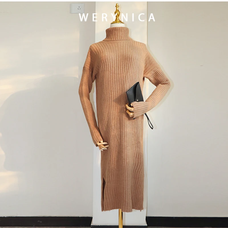 

Werynica winter dress for women fashion plus size cashmere long dress knitted turtleneck dress loose korean style vestido mujer