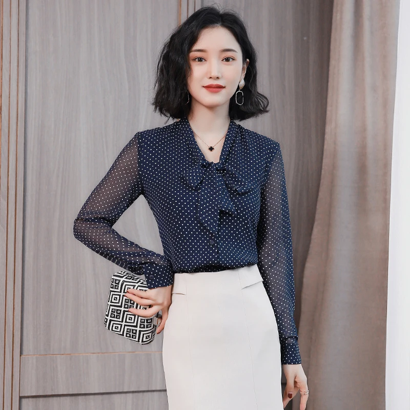  Bow Collar Office Blouse Long Sleeve Women Shirts Fashion Blue Dot Print Chiffon Blouse Shirt Women