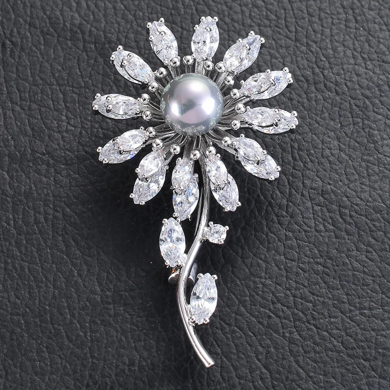 

Luxury White Rhinestone with Pearl Sunflower Brooches for Women Wedding Embellishment DIY Accessory Flower Hat Brooch Pin Broche