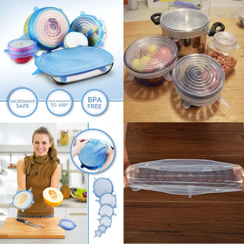 6Pcs Per set Silicone Stretch Lids Food Storage Cover For Bowl Silicone Lids Vacuum Lid Sealer