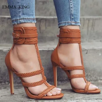 

Summer Braided Buckle T-strap Women Gladiator Sandals Sexy Open Toe Thin High Heels Sandalias Mujer Fashion Women Shoes 35-43
