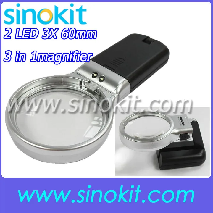 

Free shipping 3 in 1 magnifier 2 LED Light 3X 60mm Reading adjustable loupe TH7006