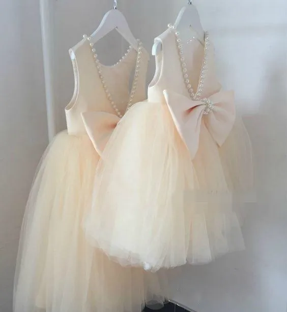 Champagne Puffy фатиновое платье с жемчужинами для девочек платье с Платье с цветочным узором и бантом для девочек для девочки, держащей букет невесты, платье для театрализованного представления Размеры От 2 до 14 лет