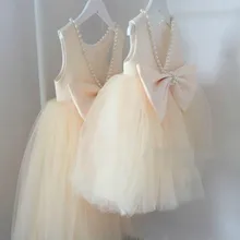 Champagne Puffy фатиновое платье с жемчужинами для девочек платье с Платье с цветочным узором и бантом для девочек для девочки, держащей букет невесты, платье для театрализованного представления Размеры От 2 до 14 лет