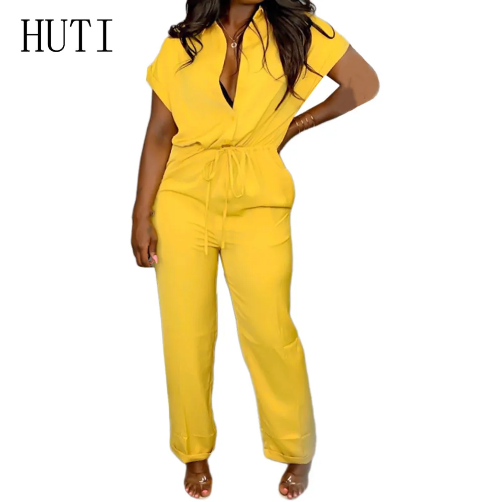 

HUTI Rompers Womens Yellow Jumpsuits Ladies Casual High Street Playsuits Long Trousers Summer Femme Daily Office Wear Overalls