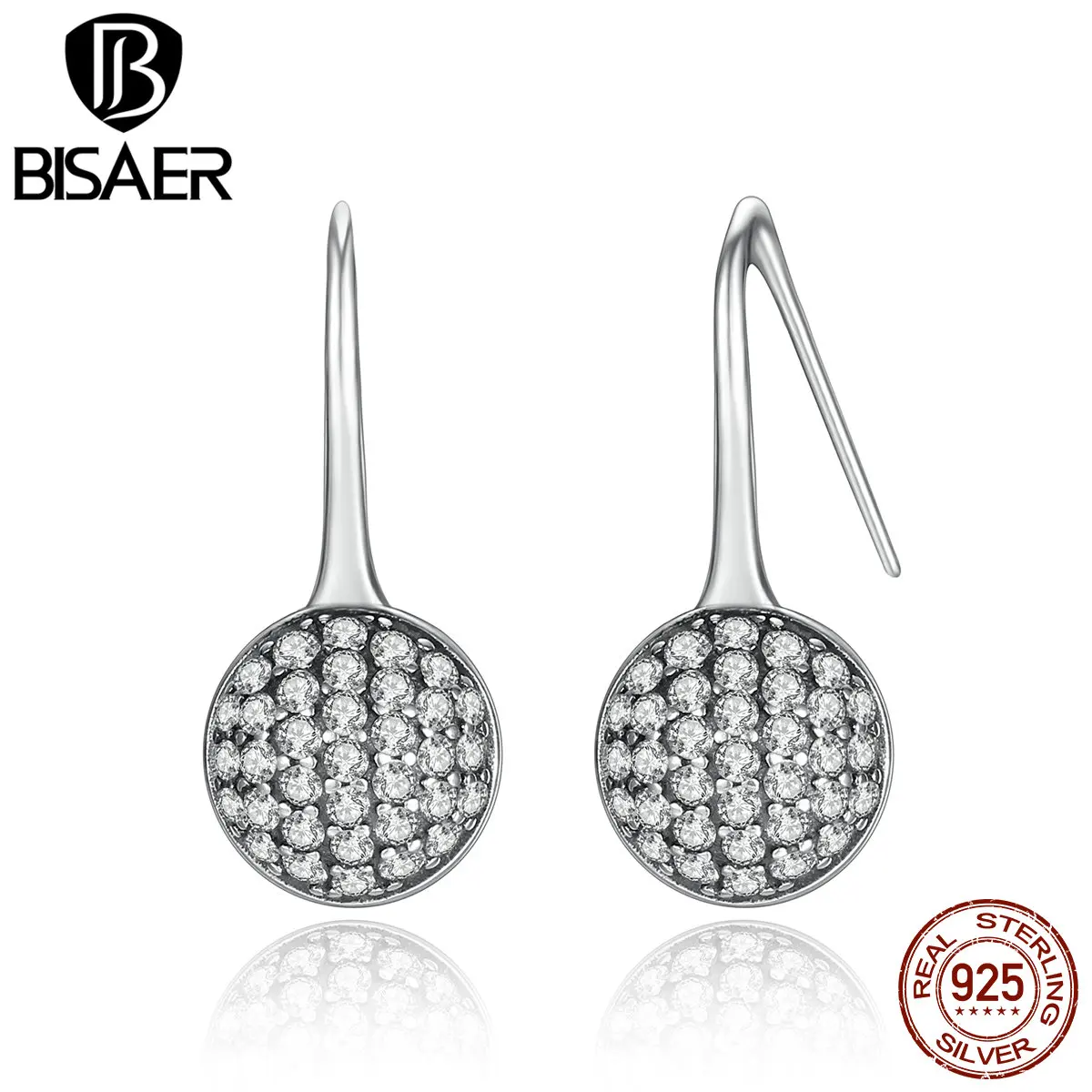 

BISAER 925 Sterling Silver Round Dazzling Droplets Clear CZ Drop Earrings Fashion Jewelry Brincos WEUS491