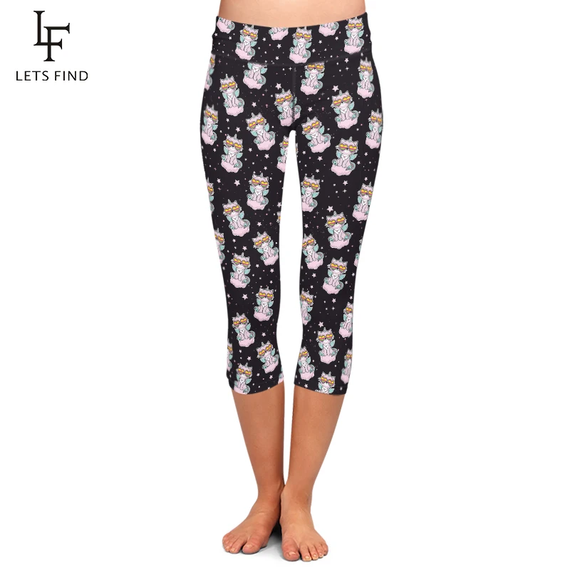 

LetsFind Summer New Plus Size Women Capri Leggings Fashion 3D Cartoon Unicorn Print High Waist Stretch Mid-Calf Pants Plus Size